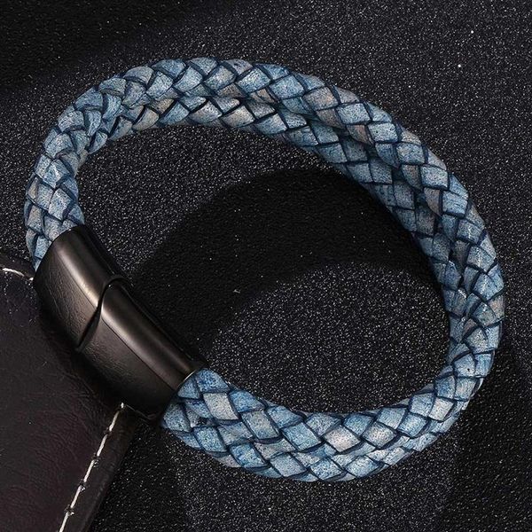 Dupla camada retro azul trançado pulseira de couro masculino jóias moda aço inoxidável fecho magnético pulseiras masculino pulseira gift2308