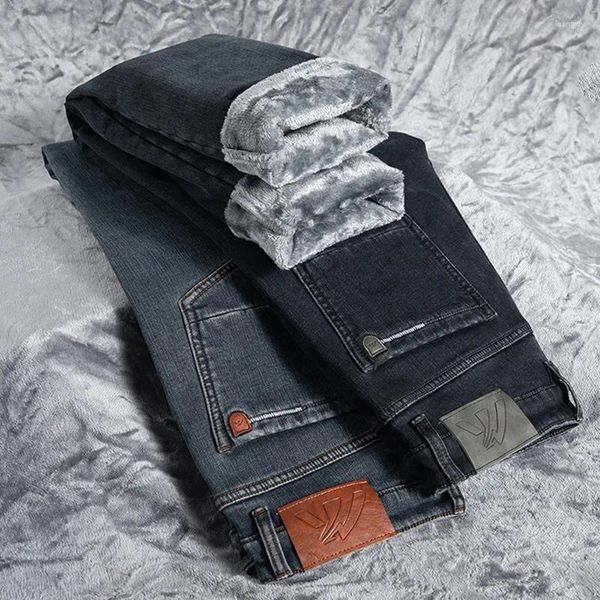 Herrenjeans, modisch, gebürstet, Stretch, lässig, gerade, bequem, warm, für Männer, Kleidung, dicke Fleece-Denim-Hose