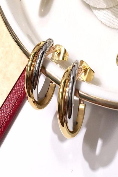 Женские серьги-кольца в стиле панк с тремя линиями соединения, серьги-кольца из нержавеющей стали, НОВЫЕ смешанные цвета, ювелирные изделия PS56582251412