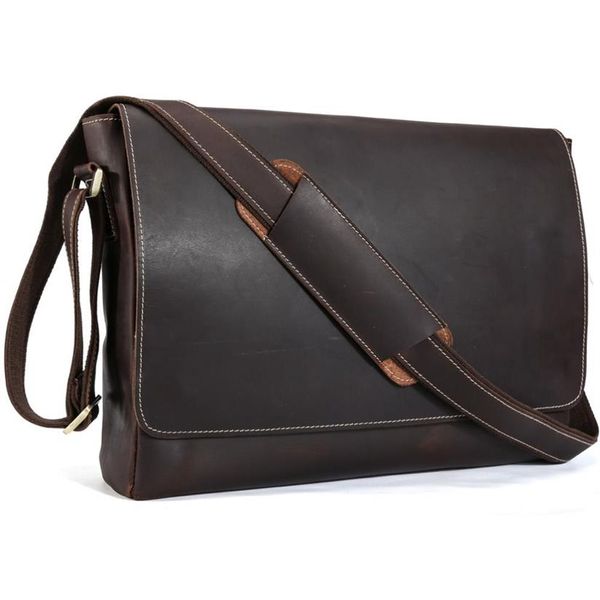 Handmade de couro genuíno de 15 polegadas bolsa de mensagens de laptop homens simples estilo vintage de ombro transversal ombro grande satchel 1153319h