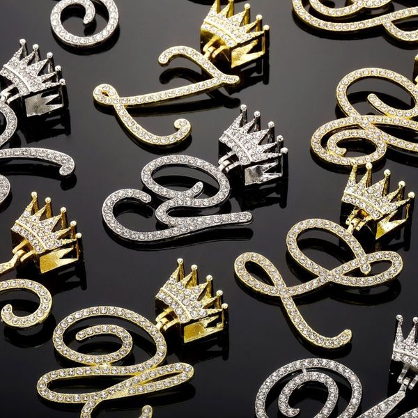 New Fashion Ottone Giallo Bianco Placcato Oro Bling CZ A-Z Corona Cursive Lettera Collana con pendente con catena a corda da 24 pollici per Uomo Donna