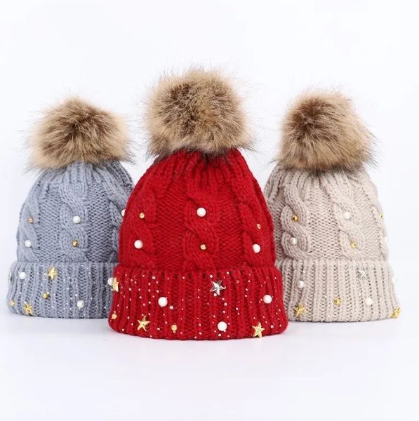 Stella Perla Strass Cappello Rosso Per Le Donne Autunno Inverno Pompon Caldo Berretto Lavorato A Maglia Tinta Unita Twist Signore Beanie Cap Regalo Di Nuovo Anno QH495