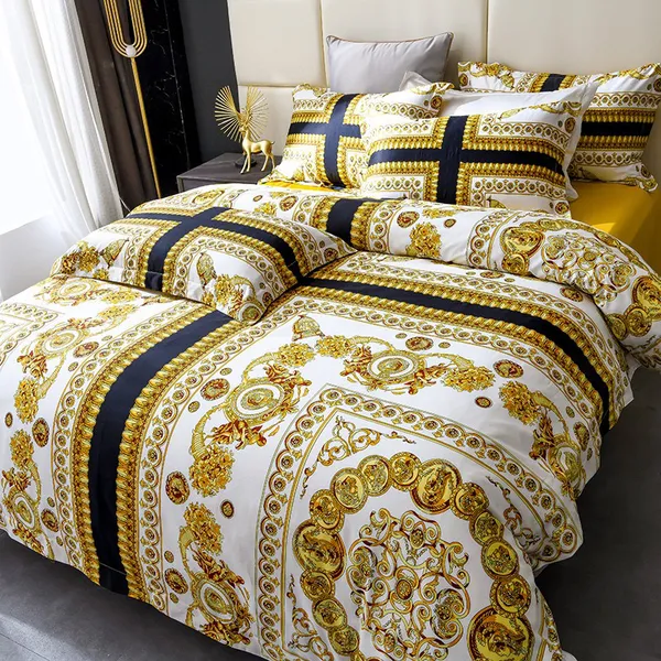 Set di biancheria da letto di lusso king size di design modello palazzo d'oro con stampa incrociata top in cotone queen size copripiumino lenzuolo 2 federe copripiumino nero