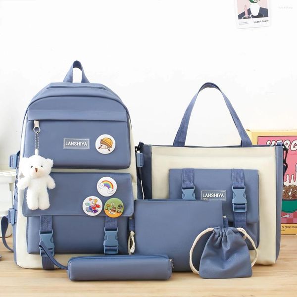 Schultaschen 5 Stück Set Kawaii Rucksack für Schüler Teenager Mädchen Buch Federmäppchen Hohe Kapazität Wasserdichte Mochila