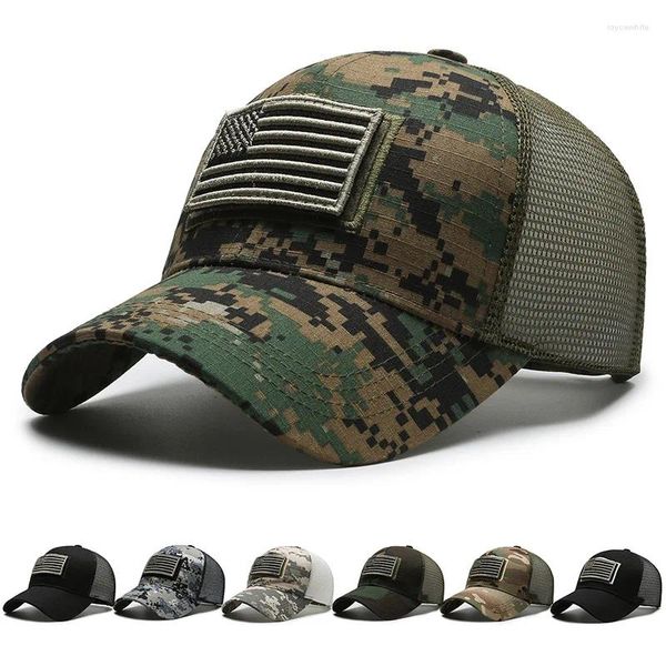 Bola bonés logotipo americano camuflagem adesivo bordado boné de beisebol malha chapéu masculino ao ar livre pico verão pára-sol tático