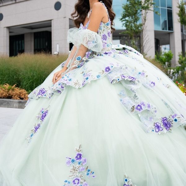 Светло-зеленые платья Quinceanera, мексиканское бальное платье с открытыми плечами, милое платье принцессы с длинными рукавами для выпускного вечера 16 лет, платья de 15