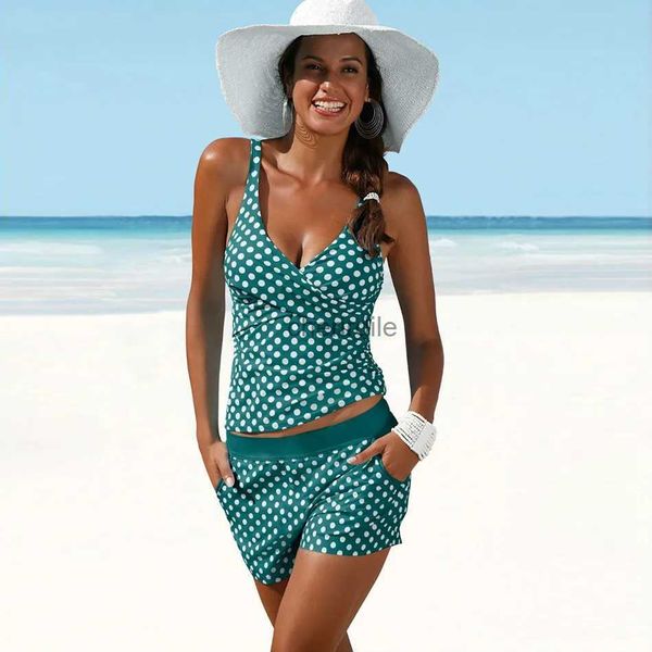 Roupa de banho feminina 2021 novo plus size roupa de banho feminina menina duas peças tankini acolchoado maiô polka dot cintura alta conjunto de biquíni beachwear yq231218