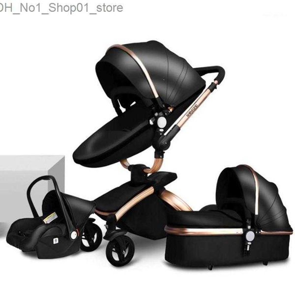 Carrinhos # Carrinhos # Luxo Couro 3 em 1 Carrinho de Bebê Suspensão em Dois Sentidos 2 Assentos de Segurança Born Bassinet Carriage Pram suit marca high-end comfortale Q231215