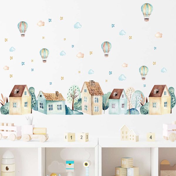 Aquarell-Haus-Heißluftballon-Fußleisten-Wandaufkleber für Kinderzimmer, Schlafzimmer, Wohnzimmer, Wandaufkleber, dekorative Aufkleber für Zuhause