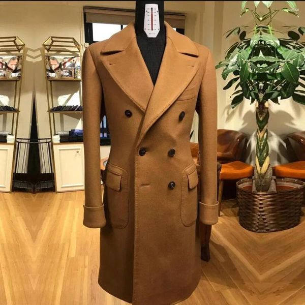 Ternos masculinos inverno quente homem terno jaquetas duplo breasted casaco feito sob encomenda tweed mistura de lã trench coat longo noivo smoking blazer