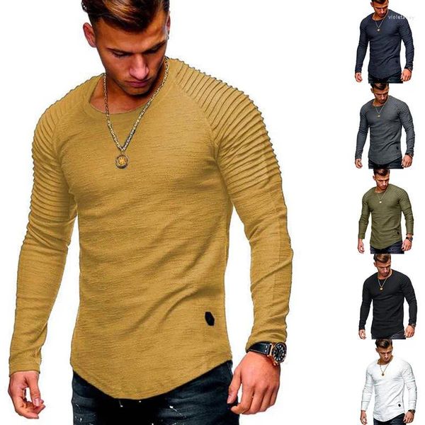Мужские футболки 2023, осенне-зимняя облегающая футболка с круглым вырезом и длинными рукавами, полосатая плиссированная футболка с рукавами реглан