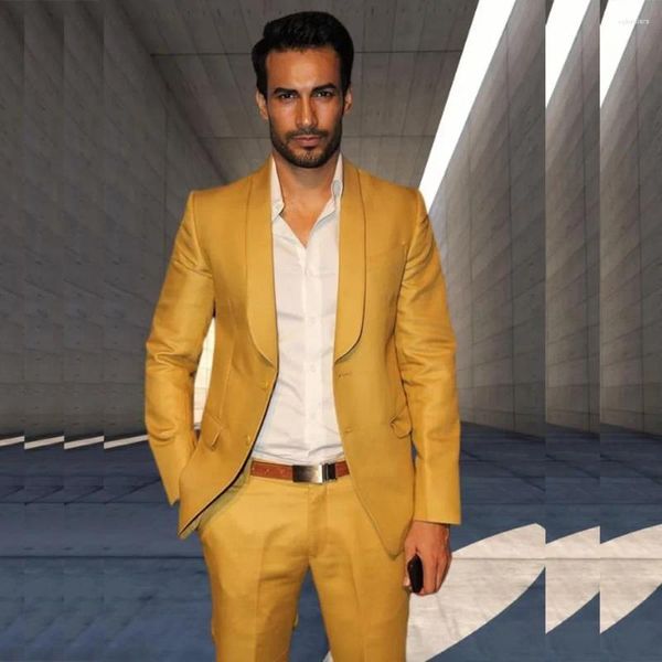 Ternos masculinos blazer dourado xale lapela único breasted comprimento regular fomal festa conjunto completo elegante 2 peça calças jaqueta ajuste fino