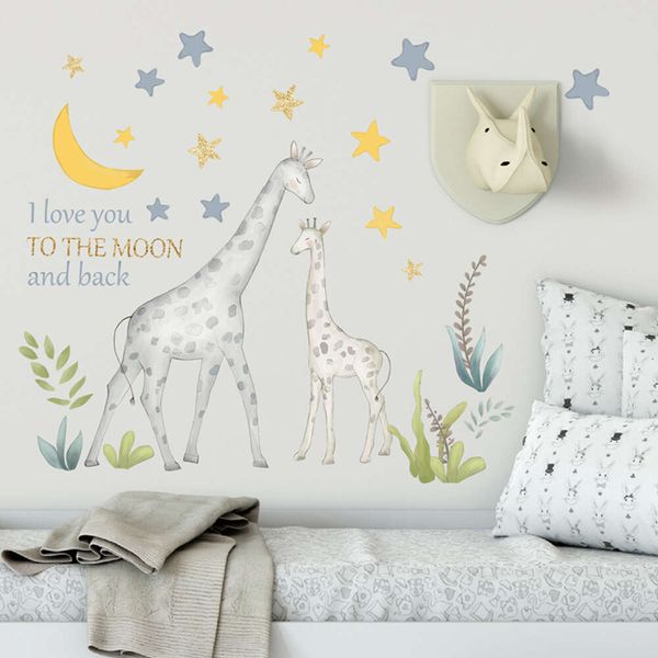 Ti amo Cartone animato Giraffa Adesivi murali mamma e bambini Stelle Luna Adesivi murali per cameretta Camera da letto Carta da parati murale per asilo nido