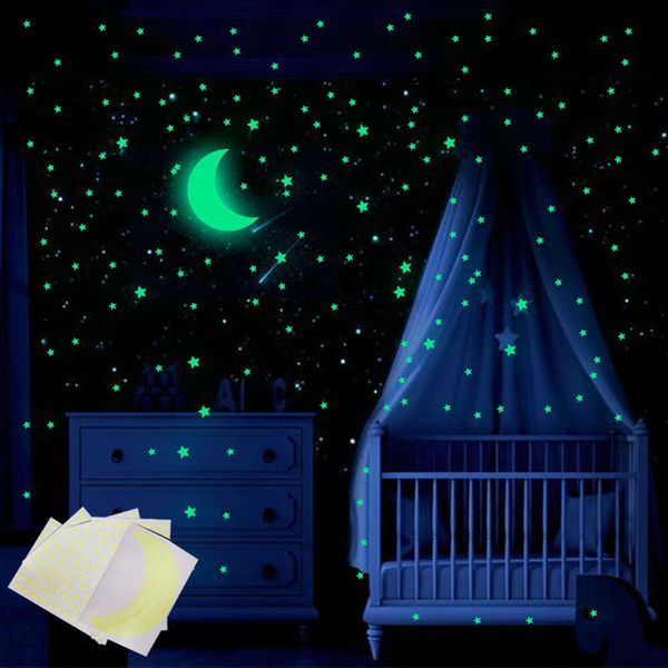 Luminosi 338 adesivi murali stelle e luna emettono colore verde per la camera dei bambini Adesivi per soffitto camera da letto Baby Room Sala giochi Murales in PVC