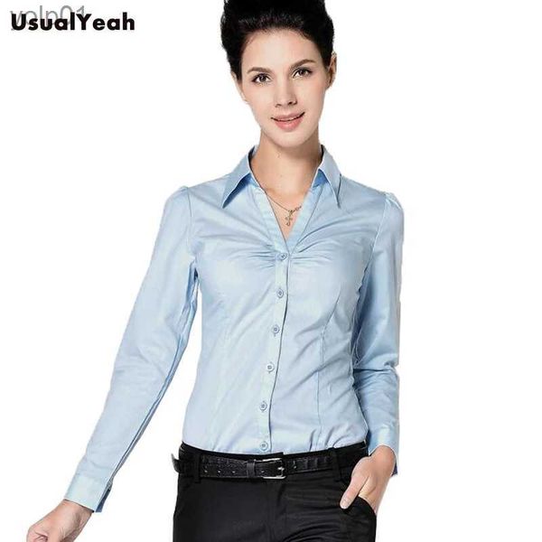 Blusas femininas camisas novas senhoras longo sle corpo camisa feminina fino ajuste turn-down colarinho formal decote em v branco blusa azul para trabalho wear sy0253 S-XXLL231214