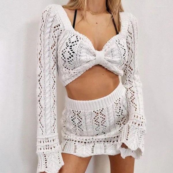 Vestidos casuais 2023 ternos de praia feminino branco tricô oco out bikini breve parágrafo saia e conjunto superior para mulheres verão trajes sexy