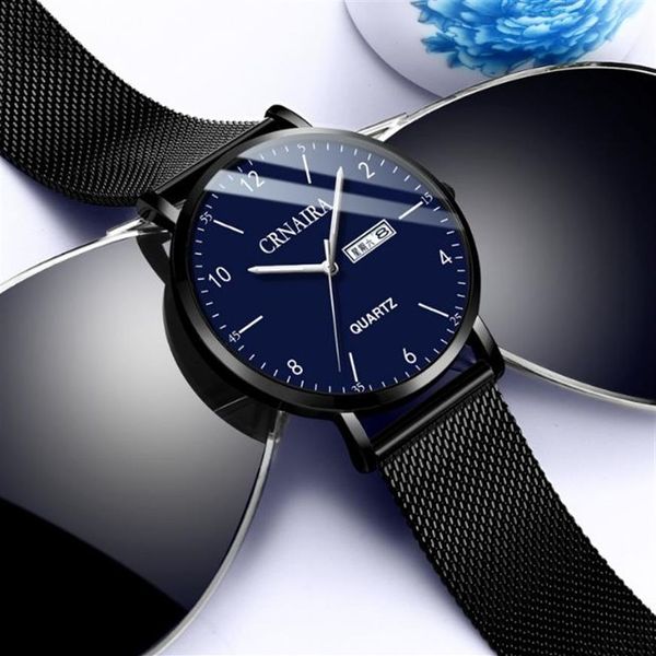 Crnaira preto malha de aço banda quartzo relógios masculinos calendário luminoso relógio grande três mãos lay out design casual negócios elegante m281q