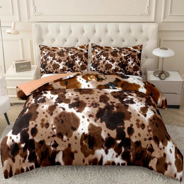 Set di biancheria da letto Set piumino con stampa mucca marrone Queen King Size Farmhouse con 2 federe abbinate Decorazione camera da letto 231214