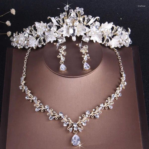Collana orecchini set KMVEXO vintage cristallo foglia perle costume strass girocollo diadema corona gioielli da sposa