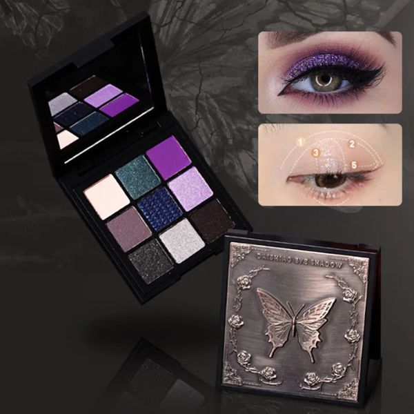 Ombretto 9 colori Farfalla Ombretto Palette Punk Smoky Nero Viola Glitter Opaco Lucido Trucco per occhi Cosmetici in polvere pressata 231214