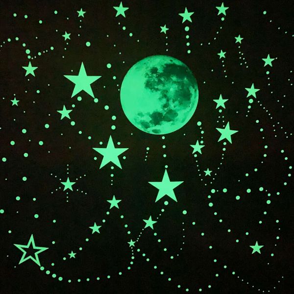 Verde/azul luminoso lua estrelas adesivos de parede conjuntos para quarto das crianças brilho no escuro decoração para casa diy brilho à noite decoração do quarto