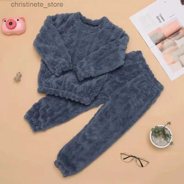 Pijamas infantis outono inverno nova moda quente casual cor sólida flanela pijamas moda animada crianças roupas terno