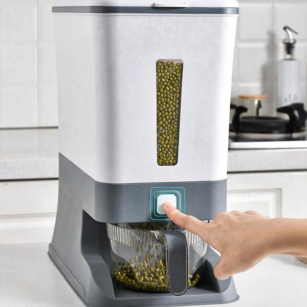 Bottiglie di stoccaggio Dispenser di riso a pressione Contenitore per cereali sigillato Contenitore per cereali per uso domestico Secchio da 10 kg Vendita al dettaglio