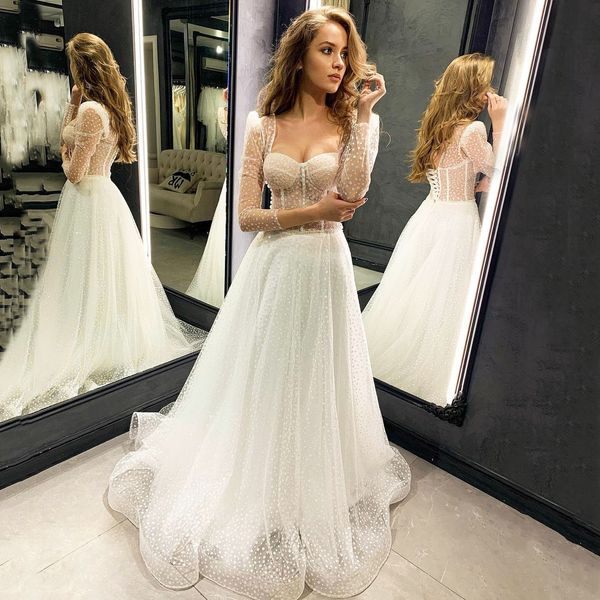 Abiti da sposa moderni a maniche lunghe per Mariage Sweetheart Charme Tulle Applique Backless Lace-Up Sweep Train Illusion A-Line