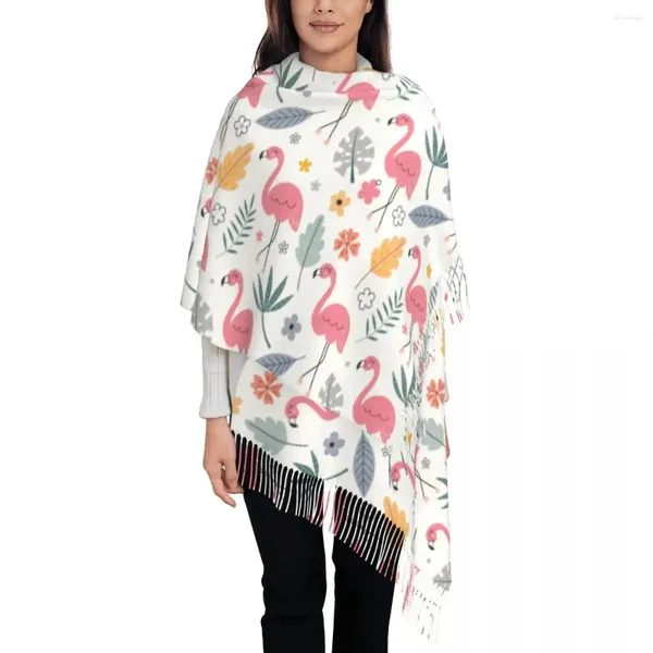 Berretti carino modello senza cuciture con sciarpa fenicottero avvolgente per le donne lunghe scialle invernali calde con nappe