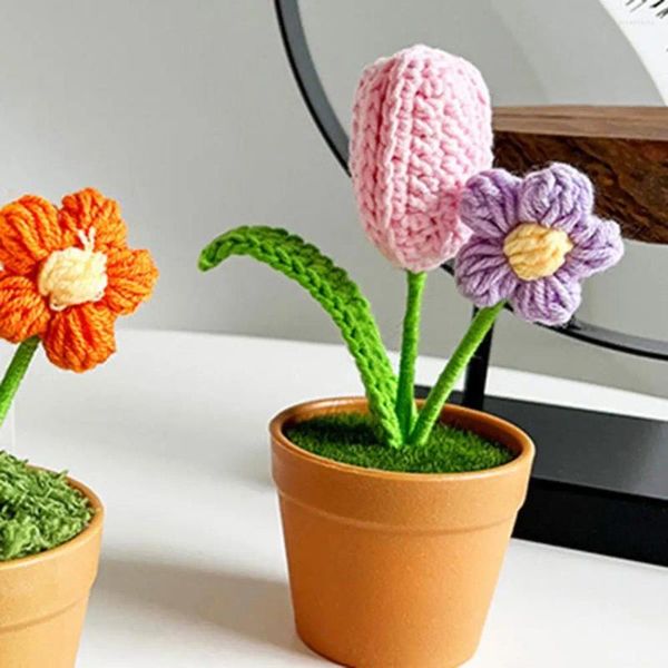 Decoratieve Bloemen Weven Eeuwige Kleurvaste Gehaakte Pot Bloem Tulp Roos Zonnebloem Fruit Vorm Verjaardagscadeau Handgemaakte Bureau Decor