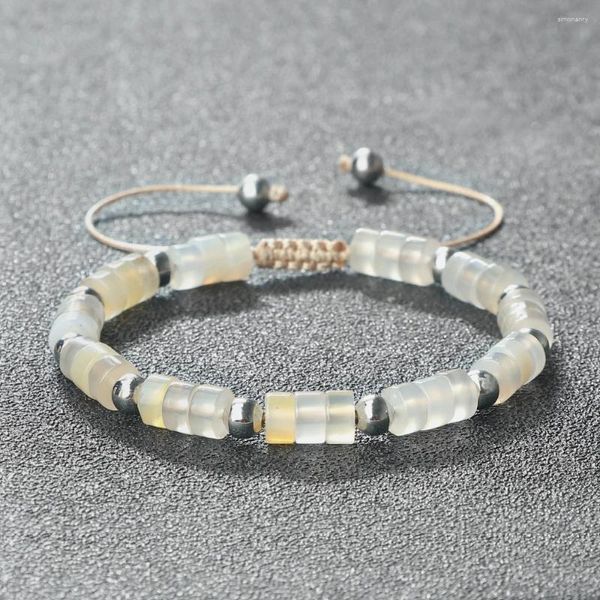 Strand artesanal charme natrual pedra branco listra ágata cilindro trançado pulseiras feminino tamanho ajustável corda pulseiras masculino jóias casal