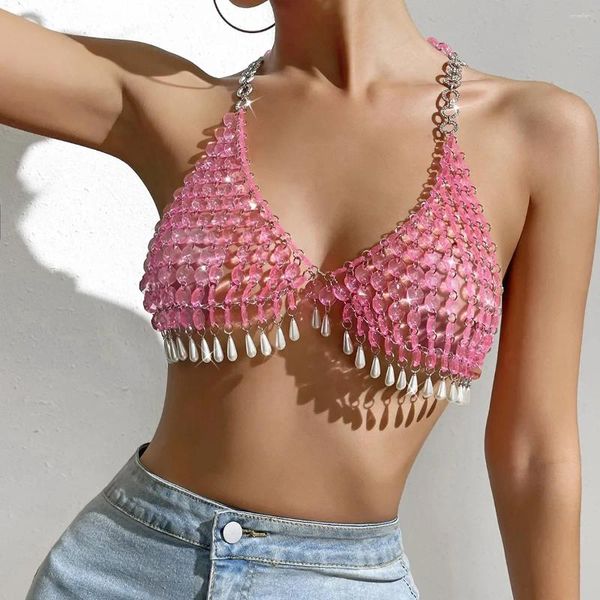 Frauen Tanks rosa Strasssteine ​​Tops Sommer Top mit offenem Rücken Bra Crop Pearl Quaste v Hals auftreten durch Frauen