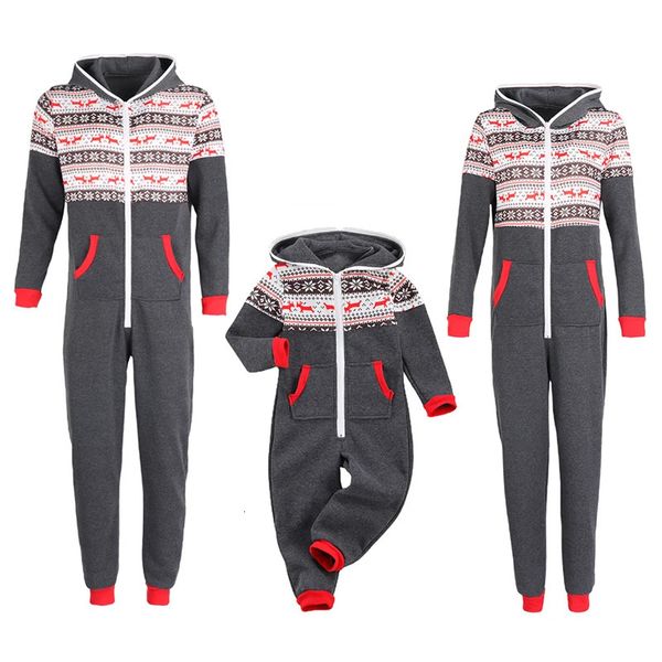 Passende Familien-Outfits, Weihnachts-Onesis-Overall, Nachtwäsche, passender Familien-Pyjama, Festival-Schneeflocken-Kapuzen-Reißverschluss-Strampler für Papa, Mutter, Kinder, 231213