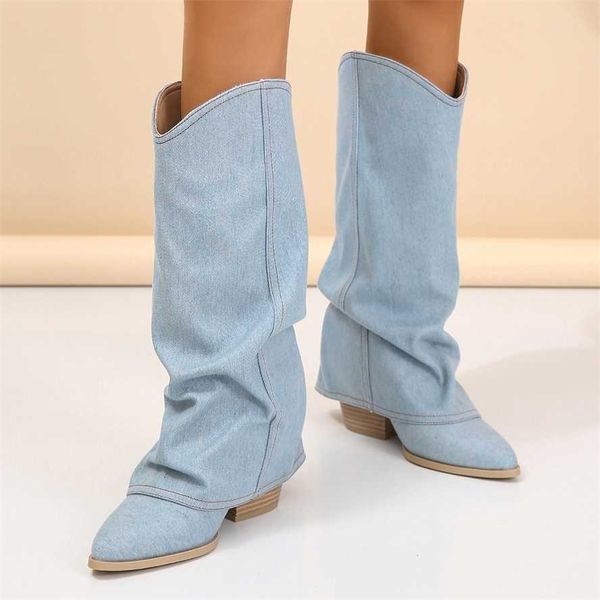 Botas Nova Moda Casual Spicy Girl Leg Set Womens Denim Azul Manga Apontada Salto Alto 230830