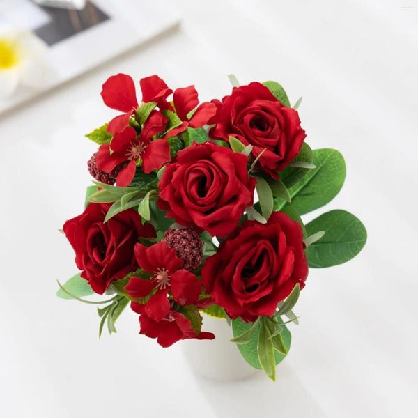 Flores decorativas artificial casamento segurando flor rosas buquê de seda falso sala estar decoração rosa vermelha planta simulação