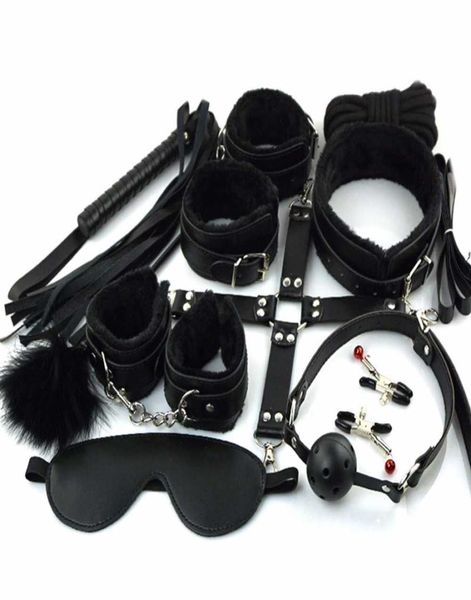 2022 adultshop 10 Pzset Cuoio DELL'UNITÀ di elaborazione BDSM Sesso Bondage Gear Set Piede Frusta Corda Benda Flirtare Giocattoli Erotici per Le Coppie9033117