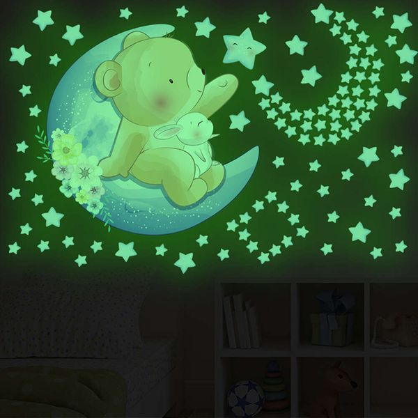 Leuchtender Cartoon-Bär und Hase auf dem Mond, Sterne, Wandaufkleber, die grünes Licht ausstrahlen, Kinderzimmer-Wandaufkleber, dekorative Aufkleber für Kinder
