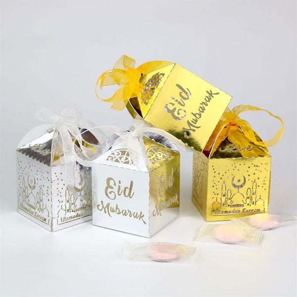 Confezione regalo Ramadan oro argento 50 pezzi 5x5x8 cm Eid Mubarak palloncino decorazioni cupcake topper Wrap251j