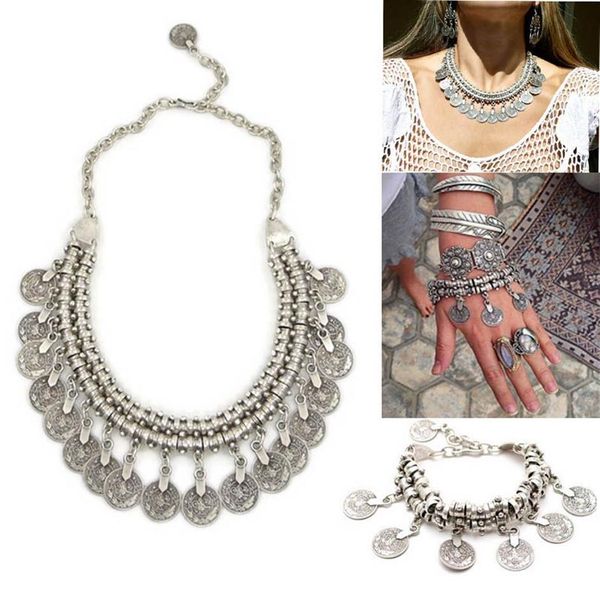 Bohemian Gypsy Love Affair Collana Bracciale Set Antalya Moneta in argento Girocollo Bavaglino con frange Turco Boho India Festival228l