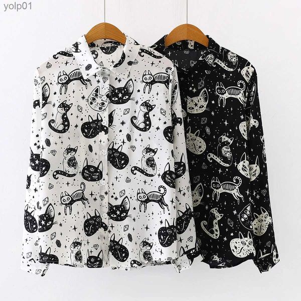 Damenblusen, Hemden, Herbst, Frühling, Frauenhemden, Schwarz, Weiß, Cartoon-Katze-Druck, Blusen, modisch, schlank, langärmelig, Chiffon-Hemd, Fe-Tops, Blusas jerL231214