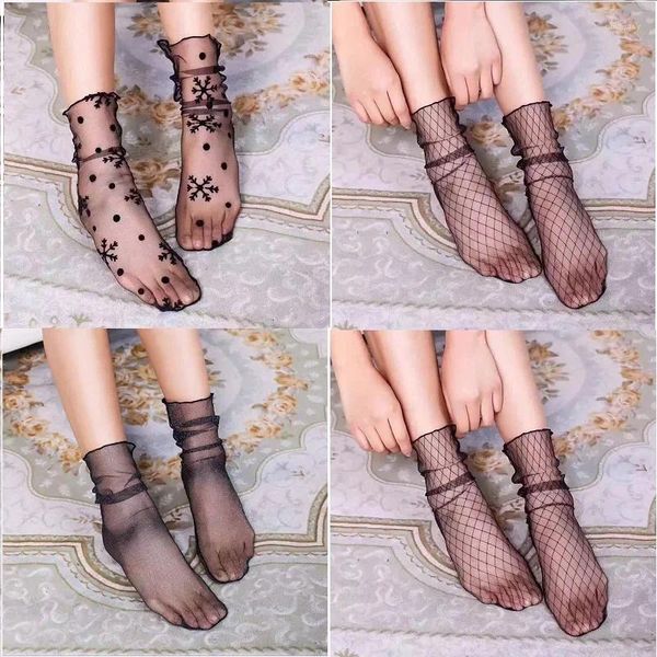 Mulheres meias 3 pares verão com impressão ponto feminino curto malha fishnet plissado renda de seda transparente sexy náilon