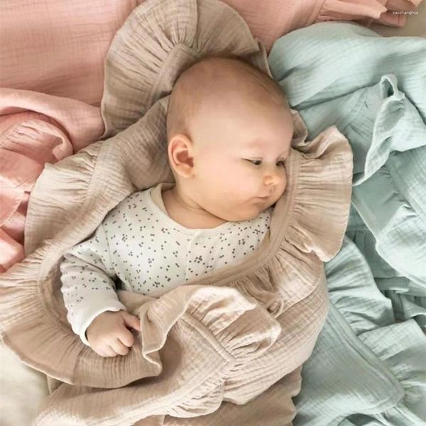 Coperte Baby Square Ruffles Coperta in filato di cotone solido Coperta per asciugamano da bagno per neonati nati Fasciatoio per bambini Trapunta per dormire