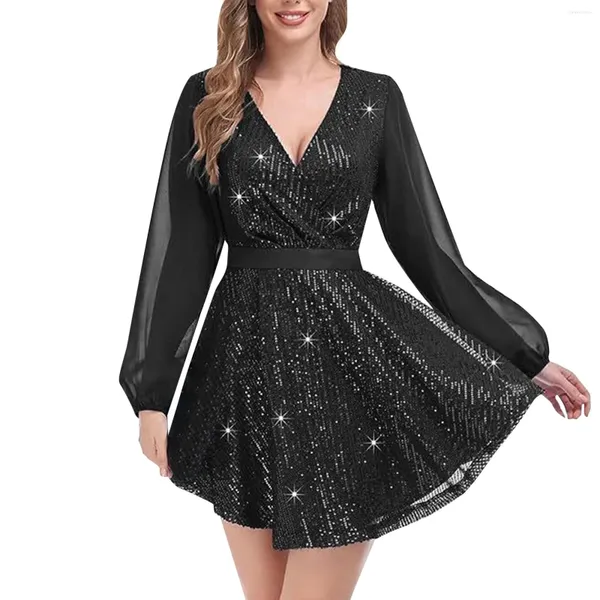 Abiti casual da donna corto nero da ballo abito con paillettes maglia gonfia manica lunga lucida mini glitter festa serale regali di San Valentino