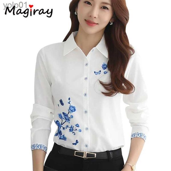 Blusas femininas camisas longas sle azul borboleta flor impressão blusa feminina 2021 verão outono topo elegante trabalho escritório cottagecore camisa blusa branca 181l231214