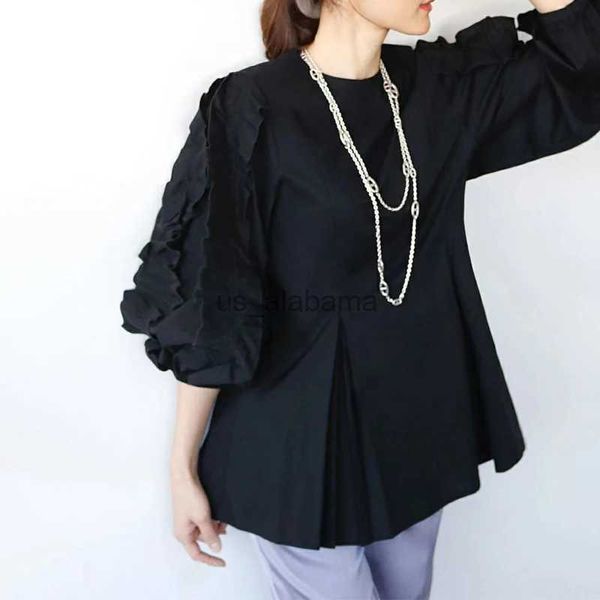 Damen-Blusen, Hemden, japanische Süße, solide Bluse, Schößchen-Top, schlanke Taille, plissierte karierte Blusen oder Tops, Damen-Frühlings-Sommer-Rüschen-Laternenärmel-Shirt YQ231214