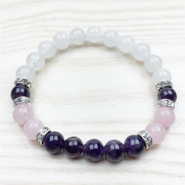 SN1029 Mode Heilung Amethyst Armband Handgelenk Mala Yoga Geschenk für Mädchen Naturstein Schmuck Rosenquarz Schnee Quarz Armband242o