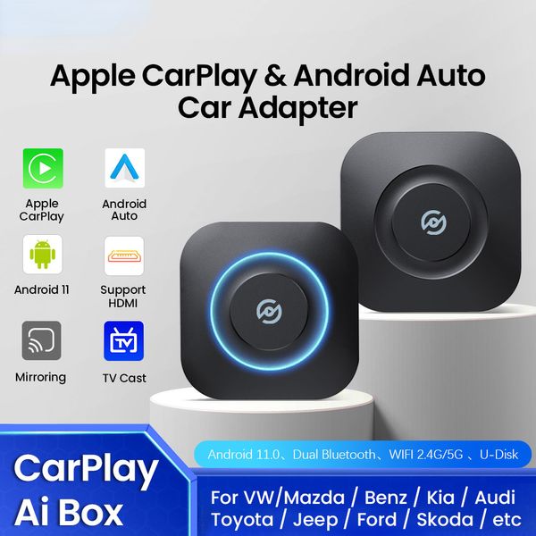 Carro ai caixa sem fio carplay adaptador sem fio android auto para toyota mazda volkswagen peugeot skoda kia android 11 caixa de tv