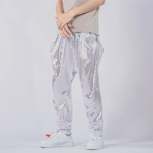 Fatos masculinos hip hop polka ponto elástico cintura harlan calças personalidade moda jovem palco prática desempenho traje