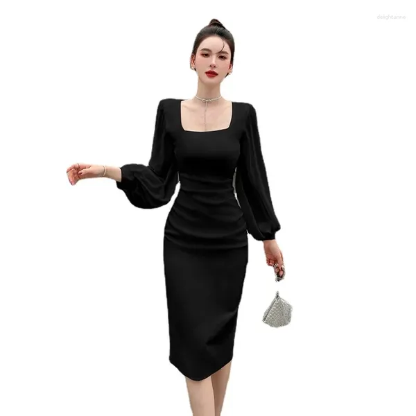 Abiti casual 2023 abito bianco primavera estate per donna coreano slim Midif colletto quadrato office lady avvolgente nero manica lunga a lanterna