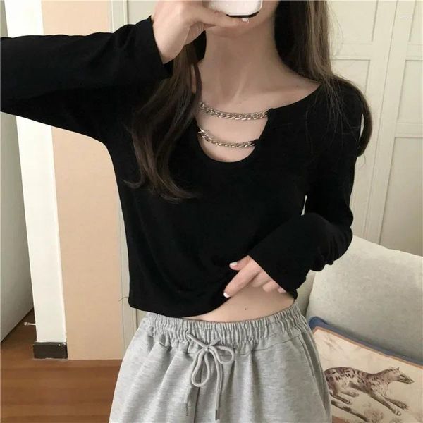 Kadın Tişörtleri 2023 Kadınlar Düşme Seksi Zincir Gündelik Siyah Uzun Kollu T-Shirt Üstler Kadın Moda Koreli Y2K Yuvarlak Boyun Düz Renkli Tshirt